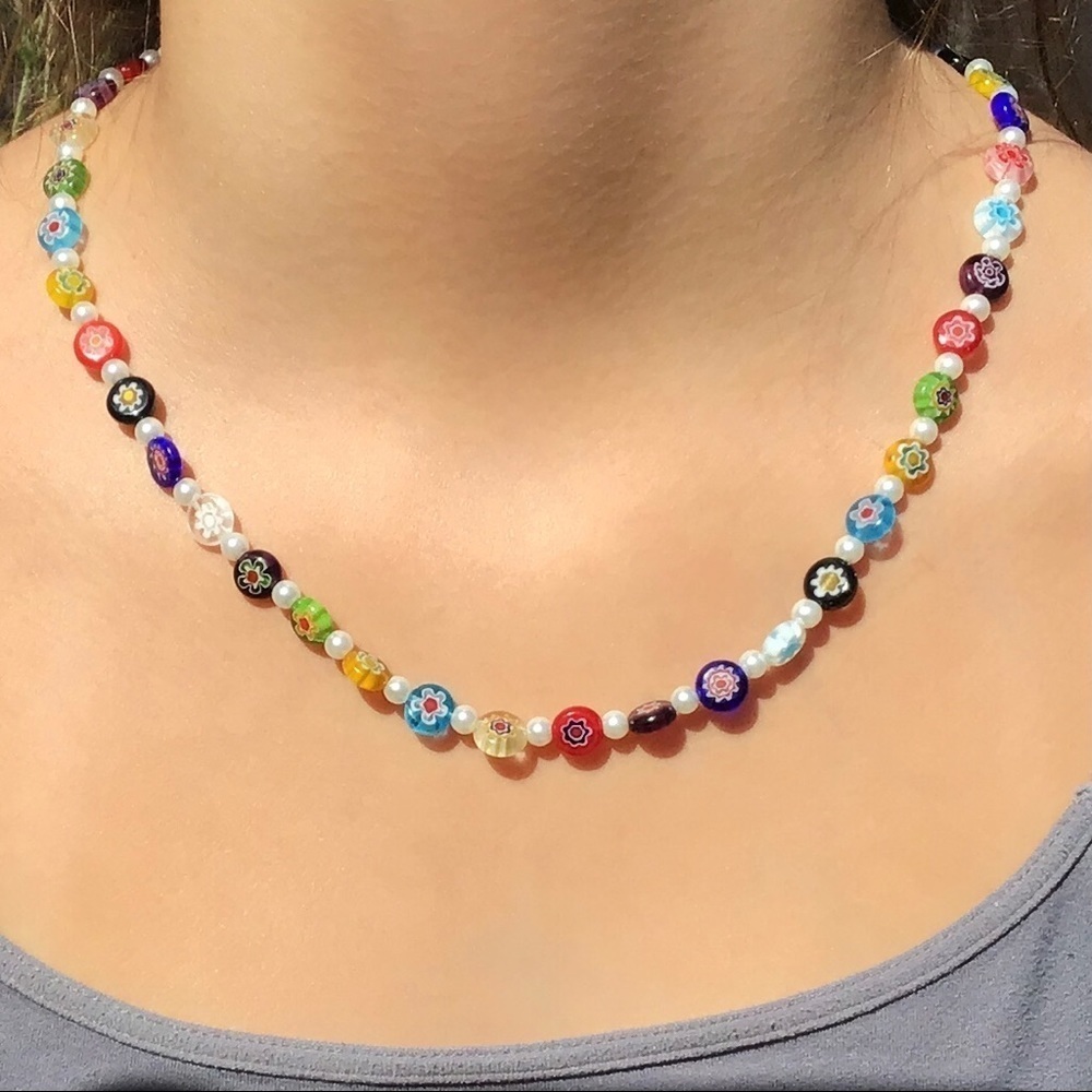 Necklace Millefiori Beads Glass Pearls Flowers Hippie Trend Gold Tone Beach